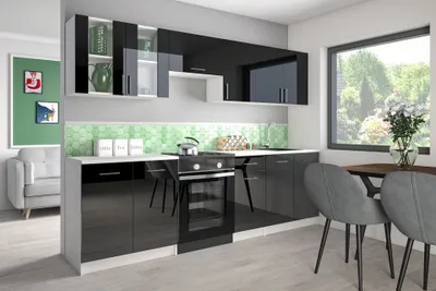 Produktbild von Roe Furniture | Küchenzeile - 260 cm - Schwarz HochGlanz - Einbauküche, Küchenblock, Singleküche, Singleküchenblock, Küchen - Tischplatte Schwarz