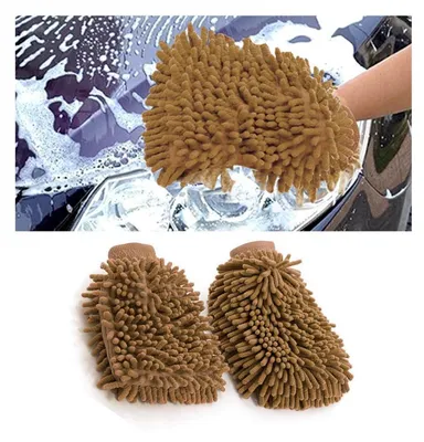 Immagine prodotto di Guanti per il lavaggio auto in microfibra, confezione da 2 pezzi, colore curry, non graffia, delicato, dimensioni 22x18 cm