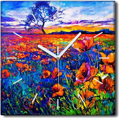 Produktbild von Coloray Uhr auf Leinwand 30x30 cm Wand Uhr Dekoration Wohnzimmer Segeltuch weiße Zeiger -Wiese Landschaftsblume.