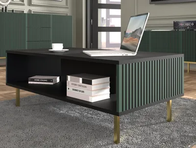 Produktbild von Couchtisch RAVENNA A 90x60 cm rahmen SCHWARZ MATT / GRÜN Kaffeetisch MDF Tisch italienischer Stil mit DUNKELGRÜN gefräste Elemente Gold oder Schwarz Metallbeine Metallfüße