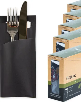 Produktbild von Bestecktasche Prime Fit in Schwarz 85 x 190 mm, mit 2-lagiger Tissue-Serviette in Weiß - 500 Stück