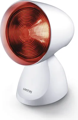 A white infrared lamp with a red bulb is shown against a white background.