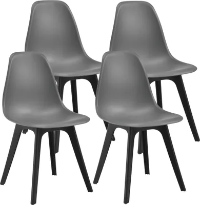 Four gray dining chairs with black legs are arranged in a group against a white background.