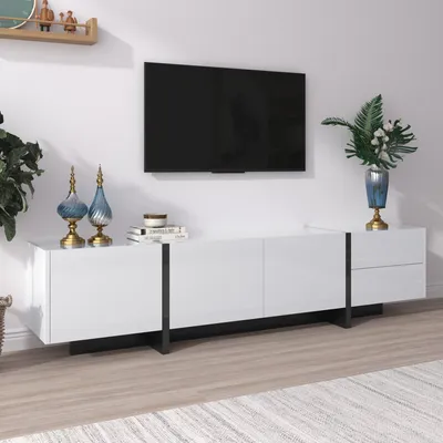 Obrázek produktu pro TV nábytek - TV skříňka - Nízka komoda - Komoda - Nábytek - Lesklá bílá barva s matnými černými nohami