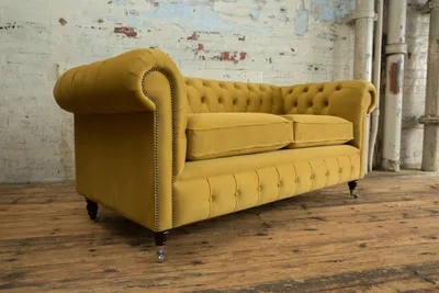 Zdjęcie produktu dla Sofa 2-osobowa Chesterfield zestaw wypoczynkowy tapicerka skórzana tkanina żółty