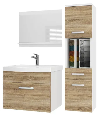Immagine prodotto di Set di mobili da bagno BELINI PRI M3, 90 cm, effetto legno Sonoma opaco - Mobile bagno moderno con lavabo e specchio, completo di tutti gli accessori, da montare a parete