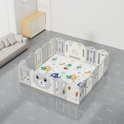 Produktbild von Kunststoff-Laufstall für Kinder, grau, 16 Felder, 2 Spielfelder und 1 Tür, 185 x 185 x 62 cm