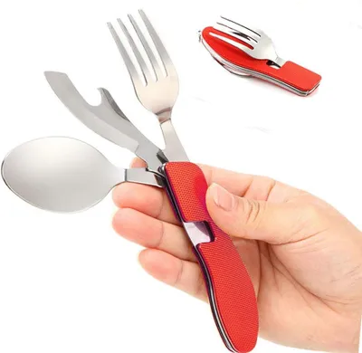 Imagen del producto de Juego de cubiertos para camping, 4 en 1, de acero inoxidable, compacto, plegable, 1 juego, ideal para camping y viajes