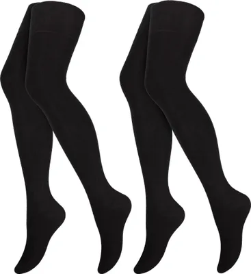 Produktbild von 2 Paar Overknees Damen und Teenager - Lange Baumwoll Socken in Uni oder Ringel Design - Strümpfe für Alltag, Karneval und Halloween - Schwarz - OneSize