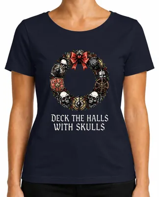 Produktbild von Deck The Halls With Skulls Totenkopf Weihnachtskranz Gothic düster Damen T-Shirt, Navy, L