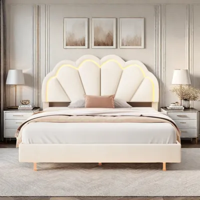 Obrázek produktu pro Čalouněná postel ProximaX 140 x 200 cm – s čelem ve tvaru květiny a LED osvětlením, dvojlůžko s roštem – samet – béžová