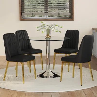 Image de Ensemble table-chaises, table ronde en verre de 85 cm + 6 chaises noires en PU, pieds dorés, style minimaliste
