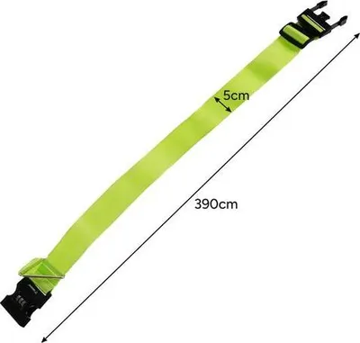 A bright green luggage strap with black buckles, shown diagonally against a white background. Dimensions are indicated.