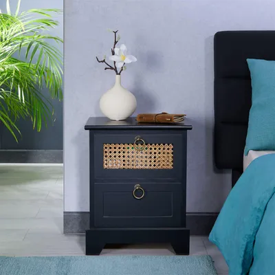 Produktbild von Nachttisch PADMA mit 2 Schubladen, Nachtkommode aus Paulownia Holz und Wiener Geflecht, Nachtschrank im Retro Design, Boho, in schwarz