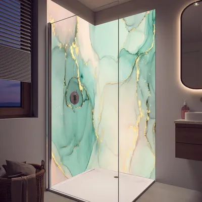 Produktbild von Duschrückwand - Wandverkleidung für Dusche aus Acryl 0,3 cm - 90 x 210 cm - Abstrakte grünliche Muster mit goldenem Rand