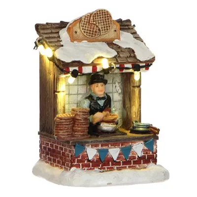 Produktbild von Luville Weihnachtsdorf Miniatur Stroopwafelkraam - Weihnachten Dekoration mit Beleuchtung - Weihnachtsdeko für den Marktplatz - Weihnachtsschmuck mit Bäcker-Detail - L7 x B6 x H10 cm - Mehrfarbig