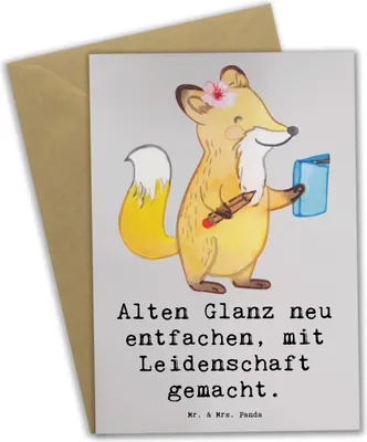 Produktbild von Mr. & Mrs. Panda Grußkarte Polsterin Glanz - Grau Pastell - Geschenk, osterkarte, weihnachtskarten, Beruf, Möbelrestaurierung, handgefertigte Geschenke, einladungskarten