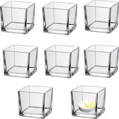 Produktbild von Teelichthalter Set 8 Stück Kerzenhalter Glas, Teelichtgläser 5.2cm Kerzenglas Hochzeiten,Geburtstage,Quadratische Transparente Kleine Glaskerzenhalter