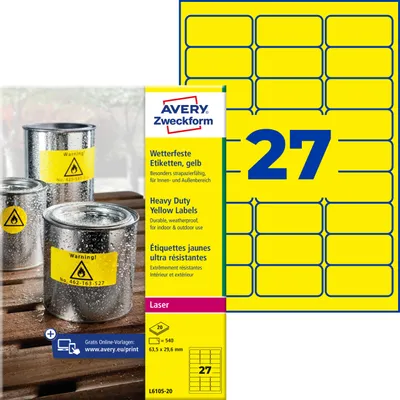 Produktbild von Avery Zweckform L6105-20, Wetterfeste Folien-Etiketten, A4, 63,5 x 29,6 mm, 540 Etiketten / 20 Bögen, gelb