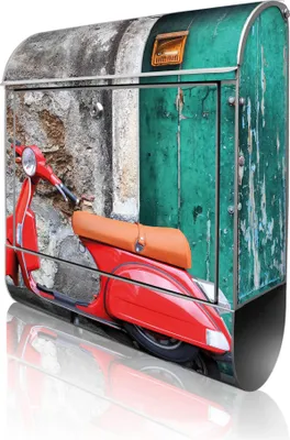 Produktbild von banjado Design Briefkasten Stahl silber mit Zeitungsfach pulverbeschichtet "Italienischer Roller" 38x46x12,5cm & 2 Schlüssel - Postkasten A4 Einwurf inkl. Montagematerial [BK 10071]