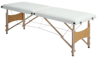 Produktbild von Mobile Massageliege 2 Zonen Klappbar Höhenverstellbar Massagetisch 60 cm Breit mit Tragetasche Holzfüßen Cremeweiß