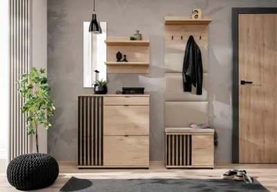 Produktbild von Flurgarderobe Schuhschrank Wandpaneel PEDRO V mit Lamellen Spiegel und Sitzbank
