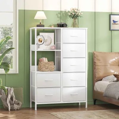 Productafbeelding van Zimilo commode met 7 stoffenladen en open vakken, lades van stof met metalen frame, modern hoge kast voor slaapkamer en hal, wit