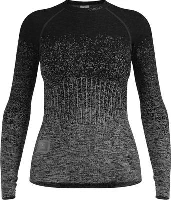 Schwarzes langärmeliges Odlo I-Thermic X-Warm Base-Layer-Shirt mit grauem Muster und Rundhalsausschnitt