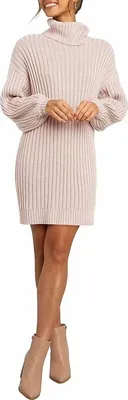 Produktbild von ASKSA Damen Rollkragen Pulloverkleid Einfarbig Laterne Ärmel Tunika Lange Winter Strickkleid, Rosa, L