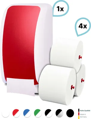 Produktbild von SET: 1x Toilettenpapierspender Doppelrollen Blanc Cosmos verschied. Farben + 4 Toilettenpapierrollen Long Life 3L - PRODUKTSET : Farbe - Rot / Weiß Farbe: Rot / Weiß