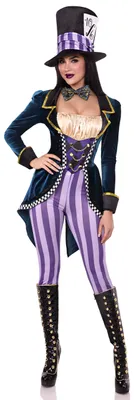 Produktbild von Leg Avenue 3-teiliges klassisches Hutmacher-Kostüm für Damen, inklusive Overall mit einem Samt-Frack mit Schachbrettbesatz, Fliege, Mehrfarbig, Medium