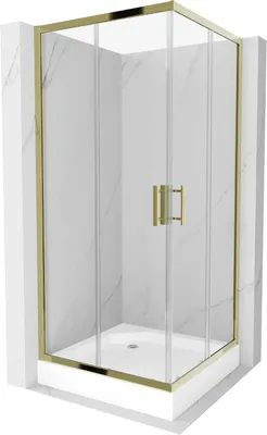 Produktbild von Mexen Rio quadratische Duschkabine 90 x 90 cm, Transparent, Gold + Duschwanne Rio, Weiß - 860-090-090-50-00-4510