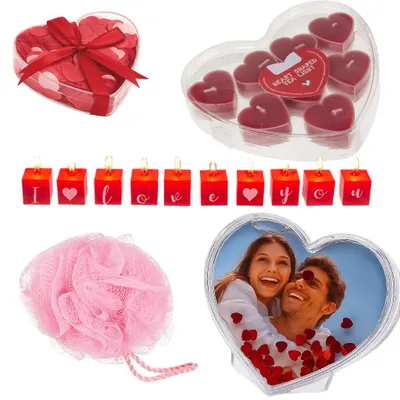 Produktbild von Romantisches Geschenkset „I Love You“ – Herz-Teelichter, Kerzenblock, Badekonfetti, Badeschwamm & 3D-Herz-Fotorahmen – Valentinstag & Liebesgeschenk