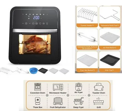 Obrázek produktu pro Velká černá horkovzdušná fritéza o objemu 12 l s dotykovým displejem a funkcí grilování
