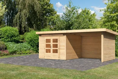 Produktbild von Karibu Gartenhaus Gerätehaus Kandern 6 im Set mit Anbaudach 3,2 m Breite und 28 mm Seiten- und Rückwand naturbelassen 565x274x222 cm