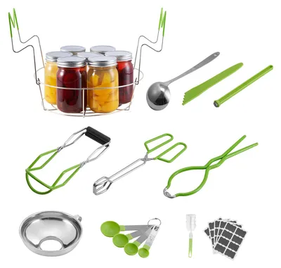 Produktbild von SucceBuy Einmachzubehör-Starter-Kit: Praktisches Werkzeug-Set für das Einkochen im Wasserbad (Gestell, Schöpfkelle, Messlöffel, Trichter, Zange, Glasheber, Glasschlüssel)