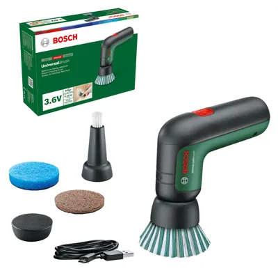 A Bosch UniversalBrush electric cleaning brush with its accessories and packaging.