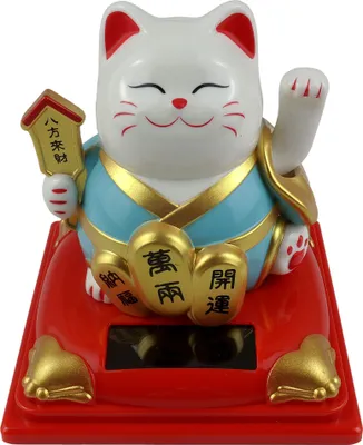 Produktbild von Glückskatze Maneki-Neko Kimono blau Solar 8cm weiß auf Sockel Winkekatze Lucky cat