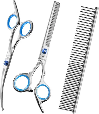 Productafbeelding van Hondenschaarset - 3-delig - gebogen schaar - uitdunschaar en kam - voor gezicht en poten - roestvrij staal - blauw