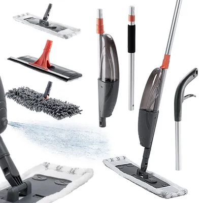 A collage of different mop heads, spray bottles, and mop handles, some assembled and some separate.