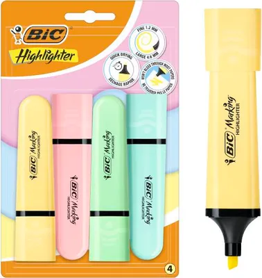 Zdjęcie produktu dla BIC Flat Highlighter Mix Pastel Opakowanie blistrowe zawierające 4 sztuki