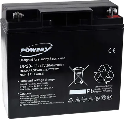 A black rechargeable battery with product information and symbols printed on it.