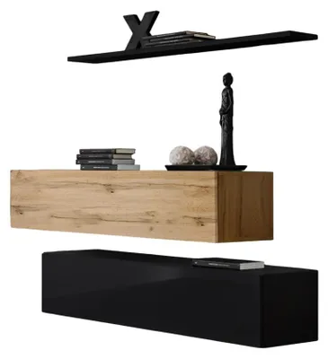 Image de Composition murale SWITCH SBII – Meubles de rangement et étagère – Noir brillant et chêne Wotan – Design moderne