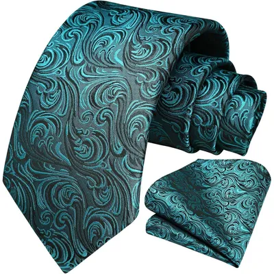 Productafbeelding van Herenset: stropdas en zakdoek, zijde jacquard, paisley patroon, blauw, 8,5 cm