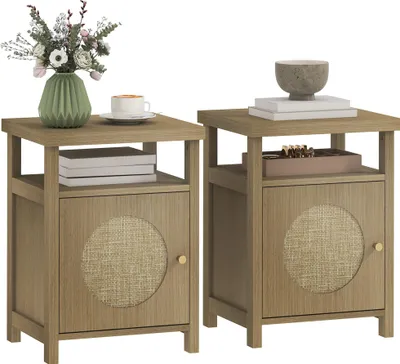 Image de HOMCOM Lot de 2 tables de chevet étroite, table d'appoint avec compartiment ouvert et 1 placard, finition en rotin, style bohème, pour chambre à coucher, salon, 40 x 35 x 55 cm, effet bois marron