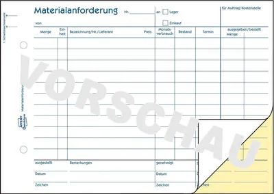 Produktbild von Formularbuch Materialanforderungen A5 quer VE=10x2x50 Blatt