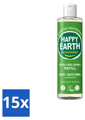 Image de 15 flacons recharge de déodorant spray "Happy Earth" - Parfum concombre et matcha - 300 ml - Pack économique - 15 pièces