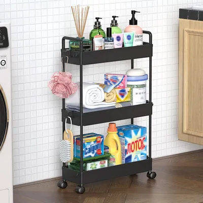 Produktbild von Mobiler Küchenwagen Schmaler Regal Organizer für das Badezimmer 13x40x61 cm Schwarz