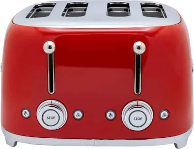A red Smeg toaster is shown from the front on a white background.