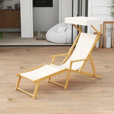 Immagine prodotto di Sdraio pieghevole in legno, con tettuccio parasole, schienale e poggiapiedi regolabili, ideale per la spiaggia, la piscina e la terrazza